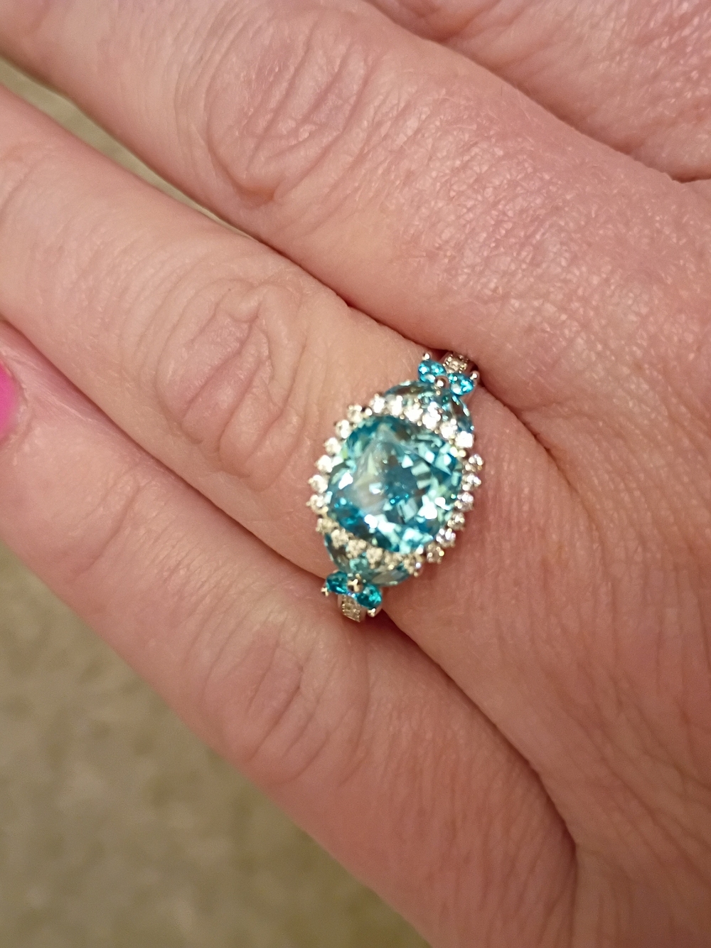 925 Sterling Silver Aqua Blue CZ Butterfly Halo Ring - Size 7